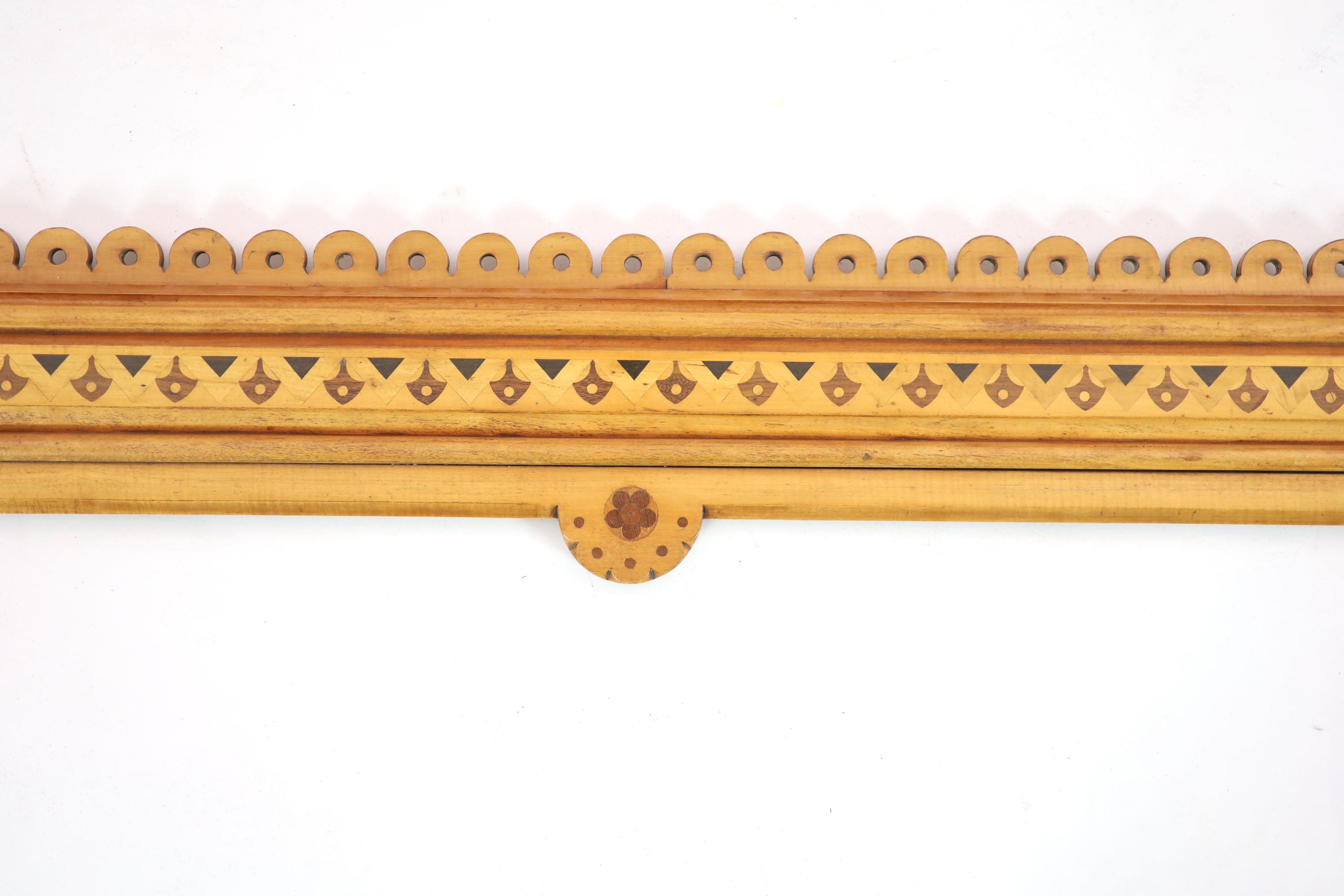 Attributed to Charles Bevan for Marsh, Jones and Cribb. An Aesthetic movement marquetry inlaid satin birch tester front panel and footboard, c.1865 H 131cm. W 168cm.